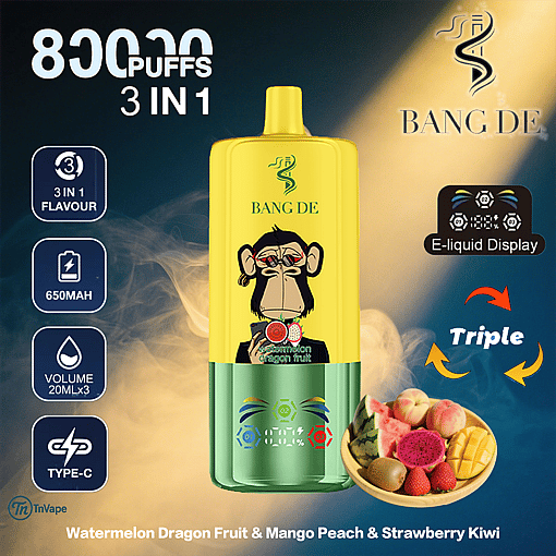 Colorful vape device with a cartoon monkey, labeled Bang De, featuring 8000 puffs, 3-in-1 flavor (Watermelon Dragon Fruit, Mango Peach, Strawberry Kiwi), 650mAh battery, e-liquid display, and images of assorted fruits.