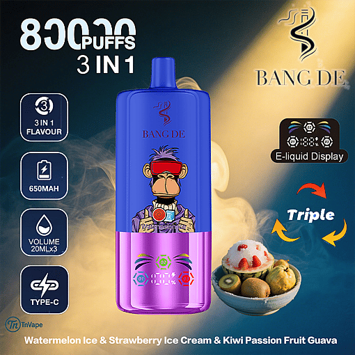 Promotional image for the Bang De 3-in-1 disposable vape with 8000 puffs, featuring a blue and purple vape device with a cartoon monkey, icons highlighting features such as 650mAh battery, three flavors, and a bowl of assorted fruit and ice cream in the foreground.
