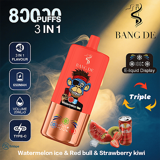 Promotional image for BANG DE 3-in-1 disposable vape featuring a red device with a cartoon ape, highlighting 8000 puffs, 650mAh battery, 20ml e-liquid per flavor, triple flavor options (watermelon ice, Red Bull, strawberry kiwi), and type-C charging.
