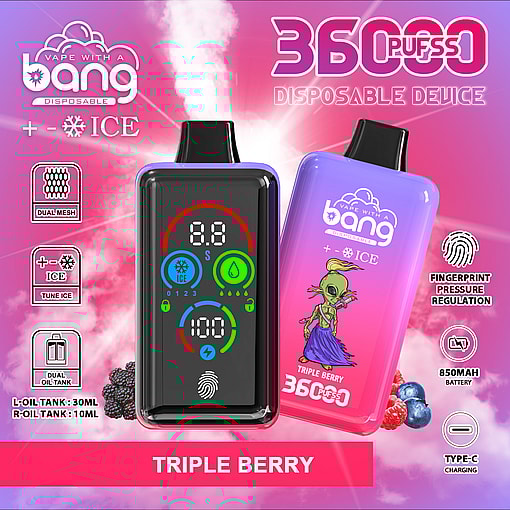 Promotional image for a Bang disposable vape device in triple berry flavor, featuring two devices with bright gradient colors, digital display, alien character illustration, berry visuals, and icons highlighting dual mesh, ice tuning, dual oil tank, fingerprint pressure regulation, 850mAh battery, and Type-C charging.