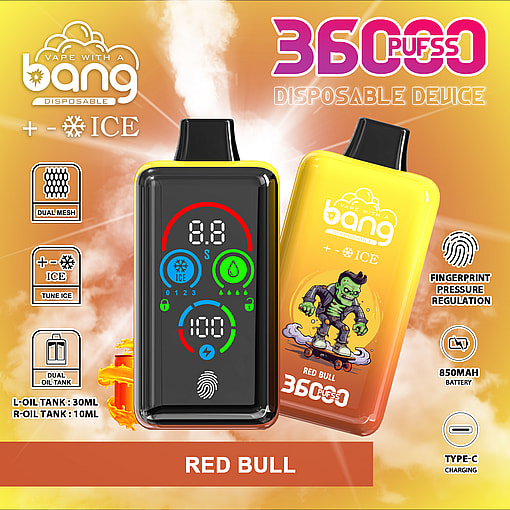 Promotional image for a Bang disposable vape device in the Red Bull flavor, featuring a digital display, yellow and black coloring, vaping features like dual mesh, fingerprint pressure regulation, and a cartoon green monster skateboarding on the product packaging.
