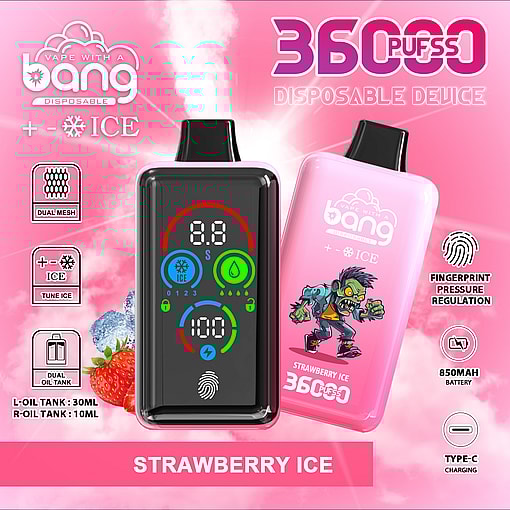Advertisement for Bang disposable vape in strawberry ice flavor, featuring two vape devices—one displaying a digital screen with controls and the other decorated with a cartoon zombie—set against a pink background with features such as 36,000 puffs, dual mesh, dual oil tank, fingerprint pressure regulation, 850mAh battery, and Type-C charging.