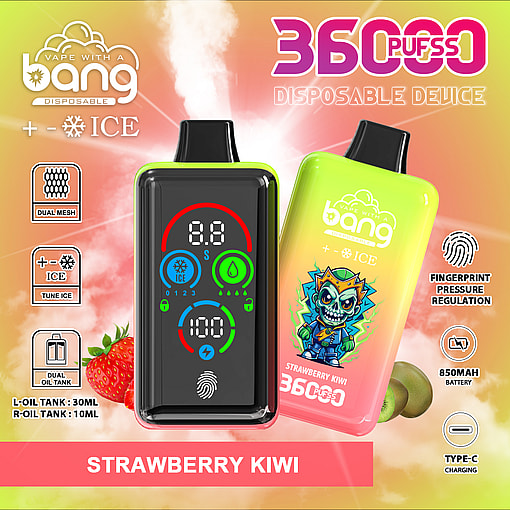 Promotional image for a disposable vape device called "bang" featuring two colorful vape devices labeled "Strawberry Kiwi 36000 Puffs" with features such as dual mesh, ice control, fingerprint pressure regulation, dual oil tanks, an 850mAh battery, and Type-C charging shown, alongside strawberries and kiwis in the background.