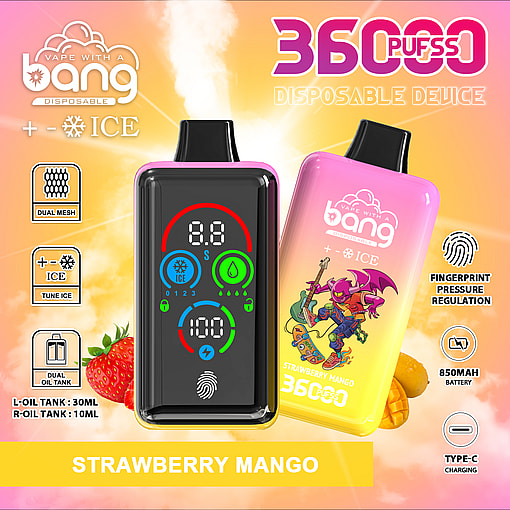 Promotional image for a Bang disposable vape device in strawberry mango flavor, featuring dual mesh, dual oil tank, fingerprint pressure regulation, Type-C charging, a digital display, and 36,000 puffs, with a vibrant pink and yellow background and illustrated character.
