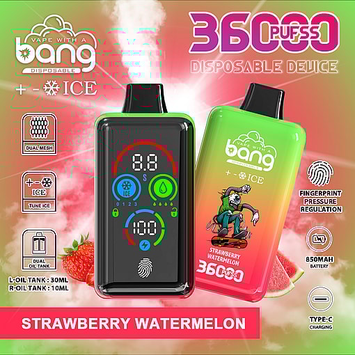 Colorful advertisement for the Bang disposable vape device featuring 36,000 puffs, STRAWBERRY WATERMELON flavor, and ice option, showcasing device features like a digital display, fingerprint pressure regulation, dual mesh coil, dual oil tank, 850mAh battery, and a cartoon skater graphic on the device.