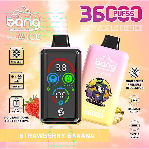 Strawberry banana flavored disposable vape devices with digital display, fingerprint control, and product features highlighted, including 36000 puffs, dual mesh, dual oil tank, and 850mAh battery.