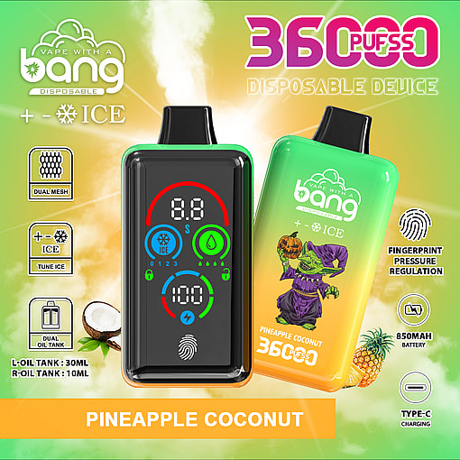 Promotional image for a Bang disposable vape device in pineapple coconut flavor, featuring two colorful vape units with digital displays, product features, a goblin illustration, and images of pineapple and coconut.