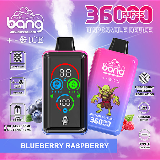 Promotional image for a 'Bang Disposable' vape device featuring two colorful vape devices, one displaying a digital screen and the other showing a goblin graphic, with blueberry and raspberry illustrations and text highlighting 'Blueberry Raspberry' flavor, 36000 puffs, dual mesh, dual oil tank, fingerprint pressure regulation, and Type-C charging.