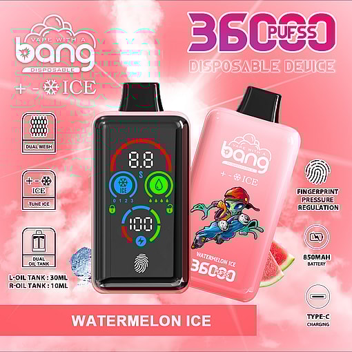 Promotional image for a Bang disposable vape device in Watermelon Ice flavor, showing two devices with digital displays and colorful graphics, highlighting features like 36,000 puffs, dual mesh, dual oil tank, fingerprint pressure regulation, 850mAh battery, and Type-C charging, with watermelon slice and ice cube accents in a pink background.