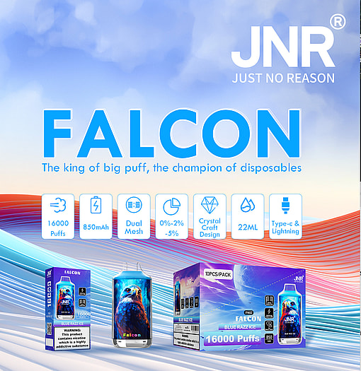 Advertisement for JNR Falcon disposable vape featuring a falcon image on the device and packaging, highlighting features like 16,000 puffs, 850mAh battery, dual mesh, crystal craft design, 22ml capacity, various nicotine strengths, and type-C & Lightning charging.