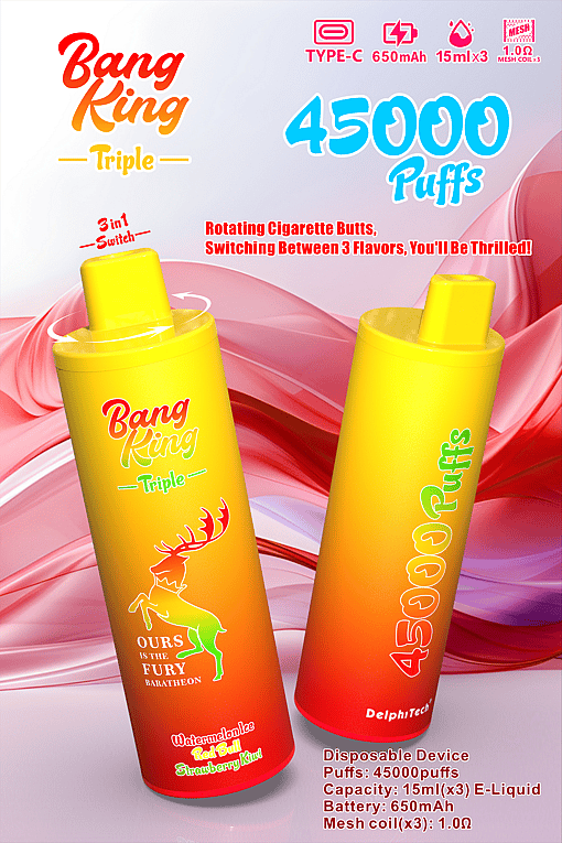 Promotional image for Bang King Triple disposable vape device featuring two yellow and orange vape pens and highlighting features like 45,000 puffs, a rotating 3-in-1 flavor switch, 15ml x 3 e-liquid capacity, 650mAh battery, and three mesh coils.