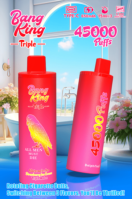 Advertisement for Bang King Triple disposable vapes, highlighting 45,000 puffs, 650mAh battery, three mesh coils, and three flavors; two red-pink vape devices are shown in a bright bathroom setting, with one featuring a yellow-parrot graphic and the text 'All Men Must Die.'