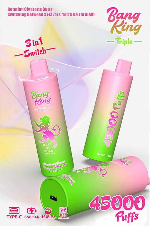 Colorful advertisement for the Bang King Triple vape, highlighting a 3-in-1 rotating switch for three flavors, 45,000 puffs, type-C charging, 650mAh battery, 15ml x 3 e-liquid capacity, and mesh coils, with the device decorated in pink and green with a lion logo.