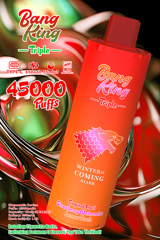 Advertisement for the Bang King Triple disposable vape device featuring 45,000 puffs and three rotating flavors—tropical fruit, strawberry watermelon, and lemon peach—displayed with bold, colorful text and a prominent image of the red vaping device labeled "Winter is Coming Stark."