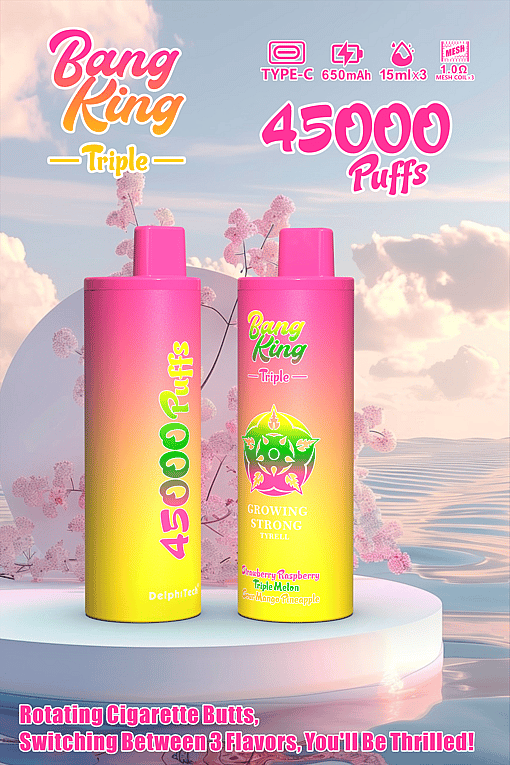 Advertisement for Bang King Triple disposable vape featuring two pink and yellow vape devices with 45,000 puffs, type-C charging, 650mAh battery, and three flavors: strawberry raspberry, triple melon, and sour mango pineapple, set against a soft floral and pastel sky background.