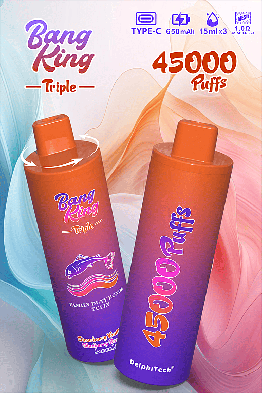 Colorful advertisement for Bang King Triple disposable vape, featuring two orange and purple devices, highlighting 45,000 puffs, Type-C charging, 650mAh battery, 15ml x3 capacity, and mesh coils.