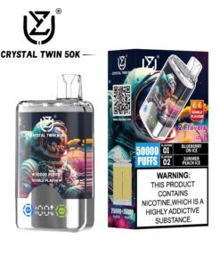 Crystal Twin 50K vape device and packaging featuring an astronaut graphic, advertising 50,000 puffs with double flavor (Blueberry on Ice and Summer Peach Ice), and a prominent nicotine addiction warning label.