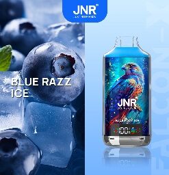 Close-up of blueberries on ice next to a JNR vape device featuring a colorful falcon illustration and labeled 'BLUE RAZZ ICE'.