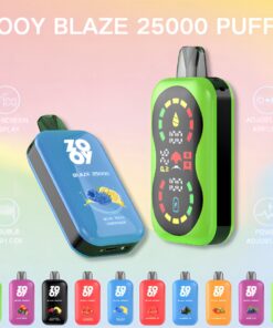 Display of ZOOY Blaze 25000 Puffs disposable vape devices in various colors and flavors, highlighting features like full-screen display, adjustable airflow, double mesh coil, and adjustable power.