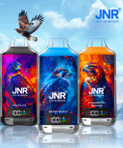 Three colorful vape devices featuring illustrated hawks and labeled as Peach Ice, Berry Burst, and Strawberry Banana flavors, with a real hawk flying in a blue sky and the JNR Just No Reason logo in the background.
