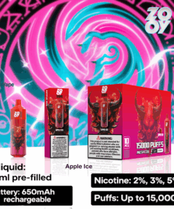 Promotional image for Zooy Apple Ice vape featuring a red device, packaging with a stylized bull graphic, and product details including 26ml pre-filled e-liquid, 650mAh rechargeable battery, up to 15,000 puffs, and nicotine options of 2%, 3%, and 5%, set against a vibrant pink and teal abstract background.