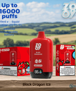 Red Zooy Black Dragon Ice vape device and packaging with product details such as up to 16,000 puffs, 29ml e-liquid, various nicotine strengths, and a 650mAh rechargeable battery, displayed outdoors on a wooden surface with a grassy landscape in the background.