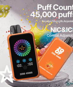 Two orange ZOOV Zero 45000 disposable vape devices, one showing a digital display and the other displaying a strawberry orange pop flavor, with colorful fruit splash graphics and product details highlighting 45,000 puffs and adjustable settings.