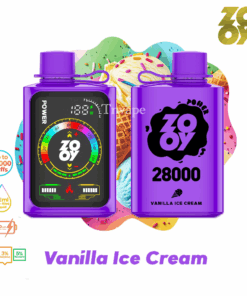 Colorful promotional image of ZOOV 28000 disposable vape in vanilla ice cream flavor, featuring two purple devices with vibrant ice cream graphics and product details, including puff count, liquid volume, and nicotine strengths.