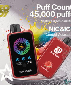 Promotional image for ZOOV Zero 45000 disposable vape, featuring two red devices with Watermelon Ice flavor, a colorful splash background, and text highlighting 45,000 puffs, adjustable nicotine and ice levels.