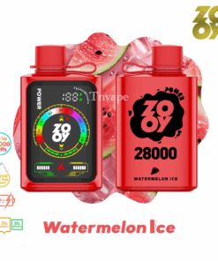 Two red ZOOY vape devices with a digital display and branding, set against a background of watermelon slices and ice, advertising the Watermelon Ice flavor with up to 28,000 puffs and various nicotine strengths.