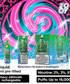 Promotional image for ZOOVY Watermelon Strawberry Bubblegum disposable vape featuring the product, packaging, and details such as 26ml pre-filled e-liquid, 650mAh rechargeable battery, mesh coil, nicotine strengths (2%, 3%, 5%), and up to 15,000 puffs against a colorful, stylized background.