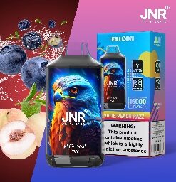 JNR Falcon vape device with a colorful falcon graphic, its packaging, images of blueberries and white peaches, and a nicotine warning label.