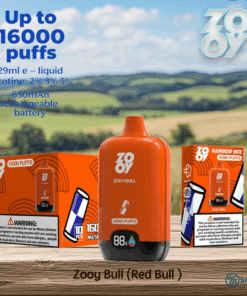 Orange Zooy Bull (Red Bull flavor) disposable vape device with packaging featuring product details and warnings, set on a wooden surface with a blurred countryside background.