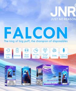 Advertisement for JNR Falcon disposable vape featuring a falcon image on the device and packaging, highlighting features like 16,000 puffs, 850mAh battery, dual mesh, crystal craft design, 22ml capacity, various nicotine strengths, and type-C & Lightning charging.