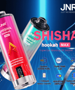 Advertising image for JNR Shisha Hookah Max disposable vape devices, featuring colorful vape pens, product features including 22,000 puffs, triple mesh coil, 29ml e-liquid, 1100mAh battery, adjustable airflow, and battery/liquid display, with prominent branding and flavor information (watermelon, strawberry, bubblegum).