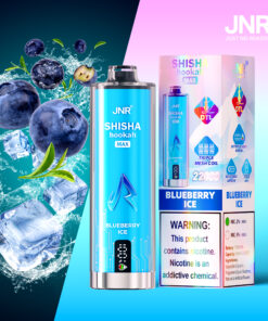 JNR Shisha Hookah Max Blueberry Ice disposable vape and packaging with images of blueberries, ice cubes, and a splash of water, highlighting the blueberry ice flavor and nicotine warning.