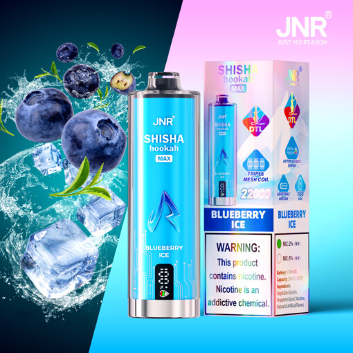 JNR Shisha Hookah Max Blueberry Ice disposable vape and packaging with images of blueberries, ice cubes, and a splash of water, highlighting the blueberry ice flavor and nicotine warning.