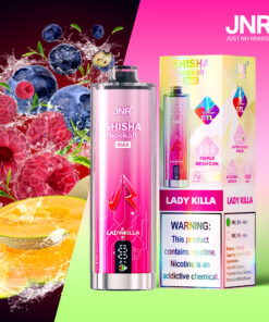 JNR Shisha Hookah Max vape device and its colorful packaging labeled 'Lady Killa', displayed alongside splashes of blueberries, raspberries, and cantaloupe, highlighting fruit flavors and a nicotine warning.