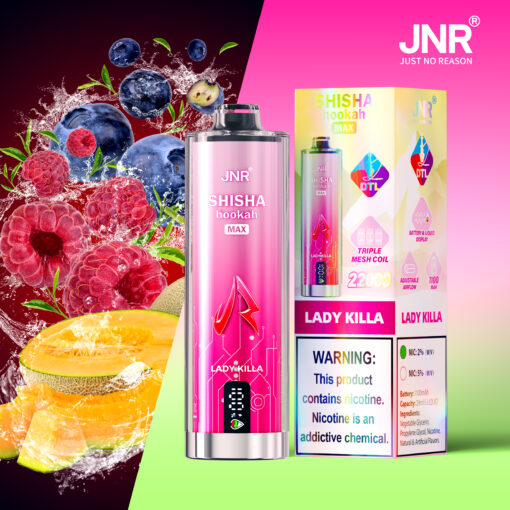 JNR Shisha Hookah Max vape device and its colorful packaging labeled 'Lady Killa', displayed alongside splashes of blueberries, raspberries, and cantaloupe, highlighting fruit flavors and a nicotine warning.