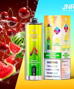 JNR Shisha Hookah Max Cherry Watermelon Freeze vape device and packaging, with images of cherries and watermelons splashing in water, and a nicotine warning label.