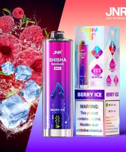 Promotional image for JNR Shisha Hookah Max Berry Ice flavor, featuring a vape device, product packaging, floating raspberries and ice cubes, and a nicotine warning label.