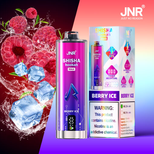 Promotional image for JNR Shisha Hookah Max Berry Ice flavor, featuring a vape device, product packaging, floating raspberries and ice cubes, and a nicotine warning label.