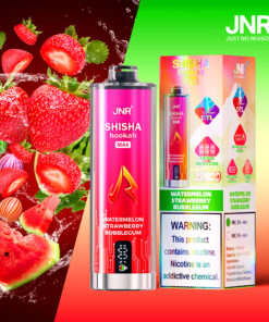 JNR Shisha Hookah Max vape device and packaging in watermelon strawberry bubblegum flavor, displayed with strawberries, watermelon slices, and colorful bubblegum candies, featuring product details and a nicotine warning.