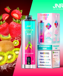 JNR Shisha Hookah Max Strawberry Kiwi vape product with its packaging, surrounded by fresh strawberries and kiwis on a colorful background, featuring nicotine warning and product details.