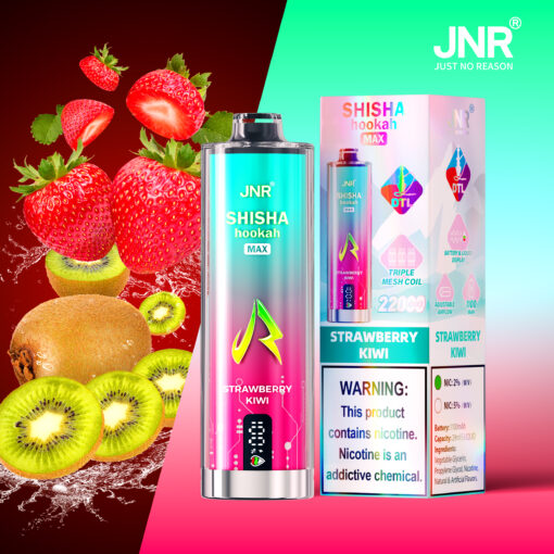 JNR Shisha Hookah Max Strawberry Kiwi vape product with its packaging, surrounded by fresh strawberries and kiwis on a colorful background, featuring nicotine warning and product details.