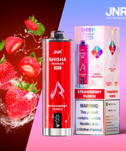JNR Shisha Hookah Max disposable vape in Strawberry Punch flavor, shown with its packaging and fresh strawberries splashing in water, highlighting nicotine warning and key product features.