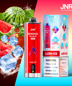 JNR Shisha Hookah Max vape device and packaging with 'Lush Ice' flavor, featuring watermelon slices, ice cubes, and product warnings about nicotine content.