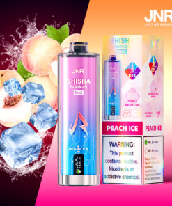 JNR SHISHA hookah MAX Peach Ice disposable vape device and packaging, with peaches, ice cubes, and water splash in the background, highlighting the peach ice flavor and nicotine content warning.