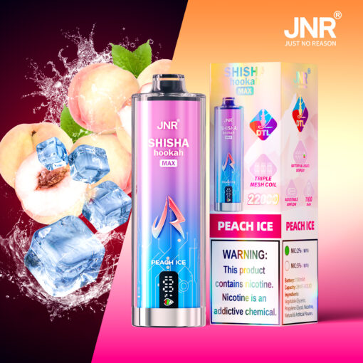 JNR SHISHA hookah MAX Peach Ice disposable vape device and packaging, with peaches, ice cubes, and water splash in the background, highlighting the peach ice flavor and nicotine content warning.
