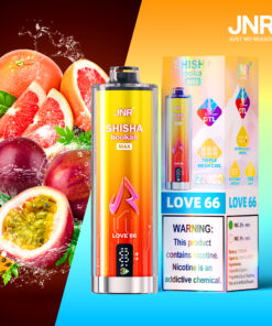Colorful JNR Shisha Hookah Max vape device and packaging with images of grapefruit and passion fruit, highlighting the 'Love 66' flavor and product warnings about nicotine content.